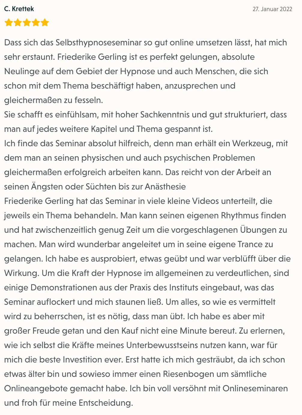 Bewertung von C. Krettek zum Selbsthypnose-Onlinekurs