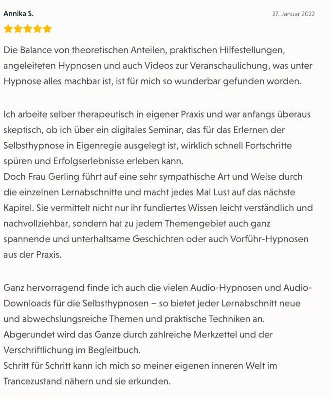 Bewertung von Annika S. zum Selbsthypnose-Onlinekurs