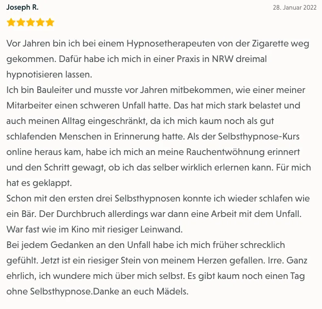 Bewertung von Joseph R. zum Selbsthypnose-Onlinekurs