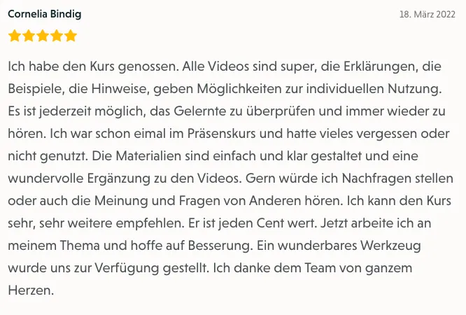 Bewertung von Cornelia Bindig zum Selbsthypnose-Onlinekurs