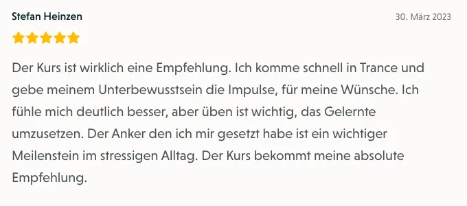 Bewertung von Stefan Heinzen zum Selbsthypnose-Onlinekurs